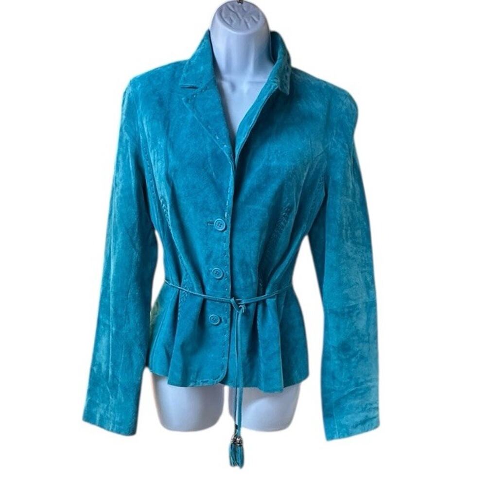 Georgiou Studio Turquoise Suede Jacket Belted Tassel Boho Western Y2K Sz 12